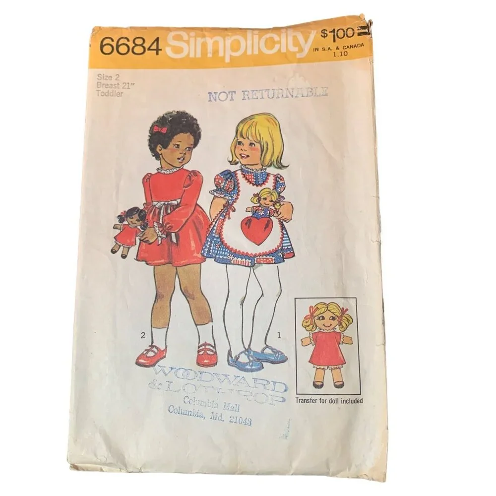 Simplicity 6684 Vintage 1974 Toddler Doll Transfer Sewing Pattern Size 2